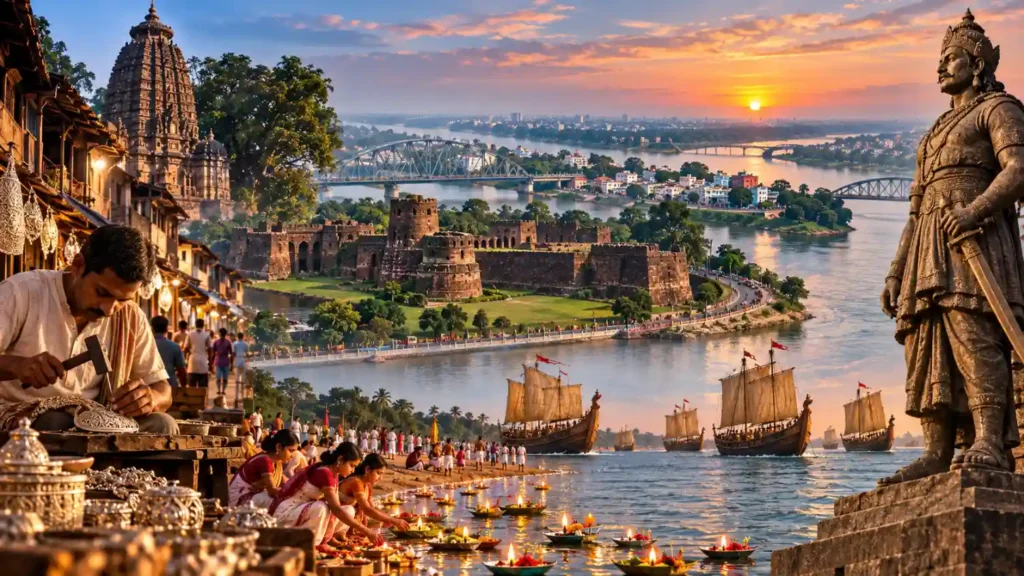 Cuttack’s historic river fortress landscape with Barabati Fort, silver filigree artisans, traditional markets, temples, riverside rituals and ancient sailing boats.