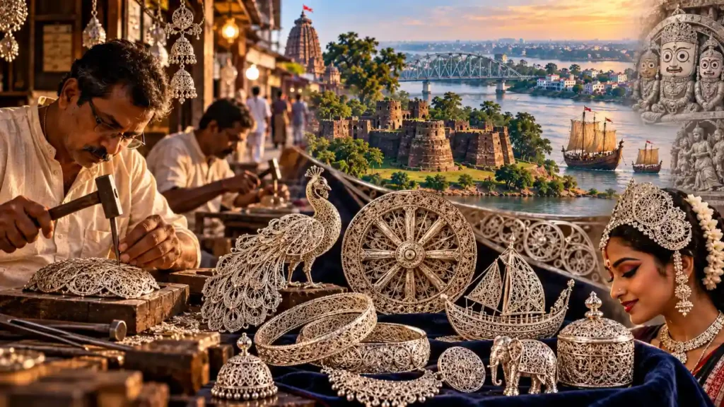 Cuttack Tarakasi artisans crafting intricate silver filigree alongside traditional jewelry, peacock motifs, boats, and cultural designs.