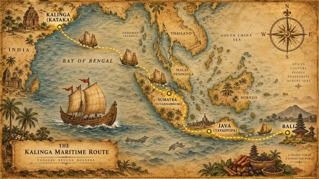 Antique illustrated map showing the ancient maritime spice route from Kalinga in Odisha across the Bay of Bengal through Sumatra and Java to Bali.