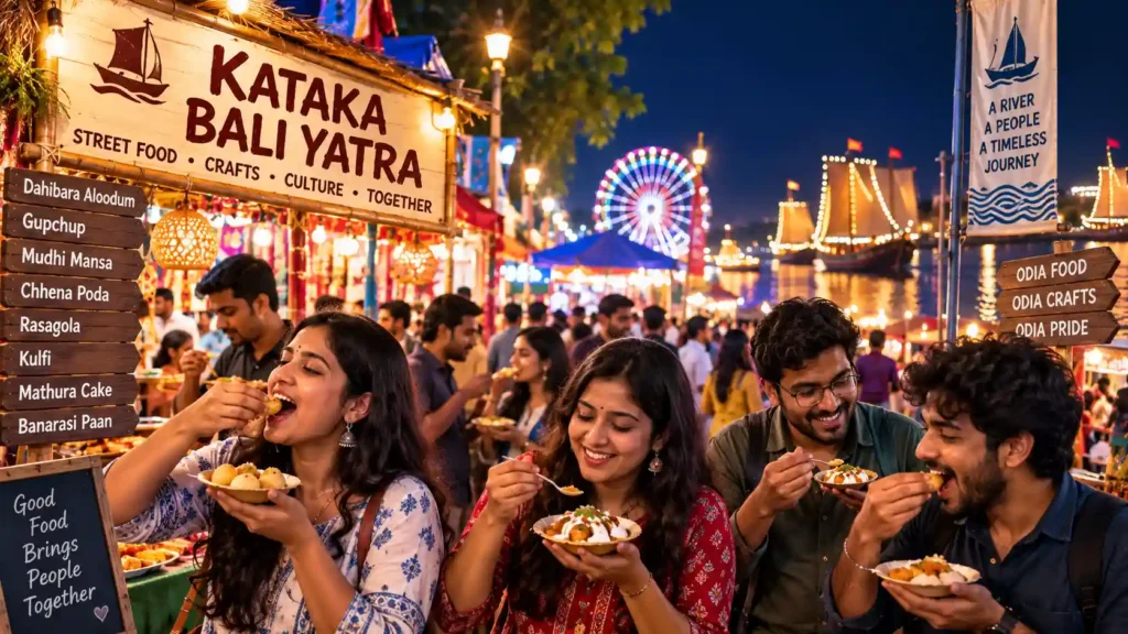 People enjoying traditional Odia street food together at the lively Kataka Bali Yatra riverside fair.