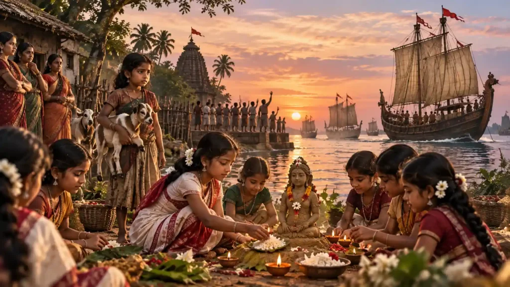 Young girls performing Khudurukuni Osha beside a river as Sadhaba sailors depart on traditional Boita ships, symbolizing Taapoi and the longing for brothers’ safe return.