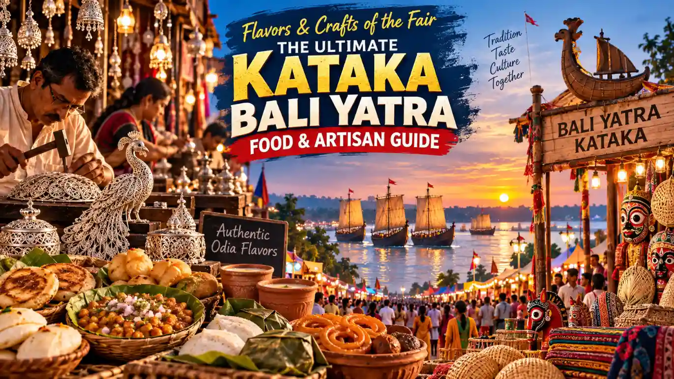Kataka Bali Yatra featuring traditional Odia food, Tarakasi silver craftsmanship, handmade crafts, festive stalls and boats along the riverside fair.