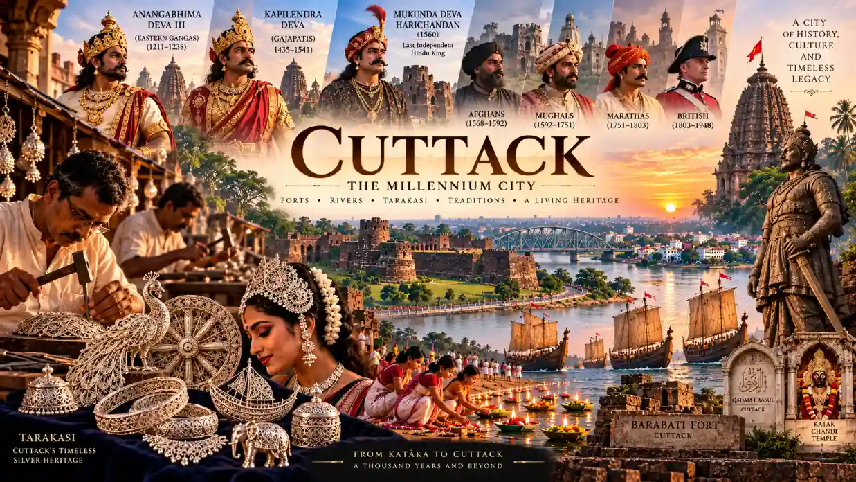 Kataka’s thousand-year heritage featuring Barabati Fort, historic rulers, Tarakasi silver craftsmanship, temples, riverside traditions and traditional boats.