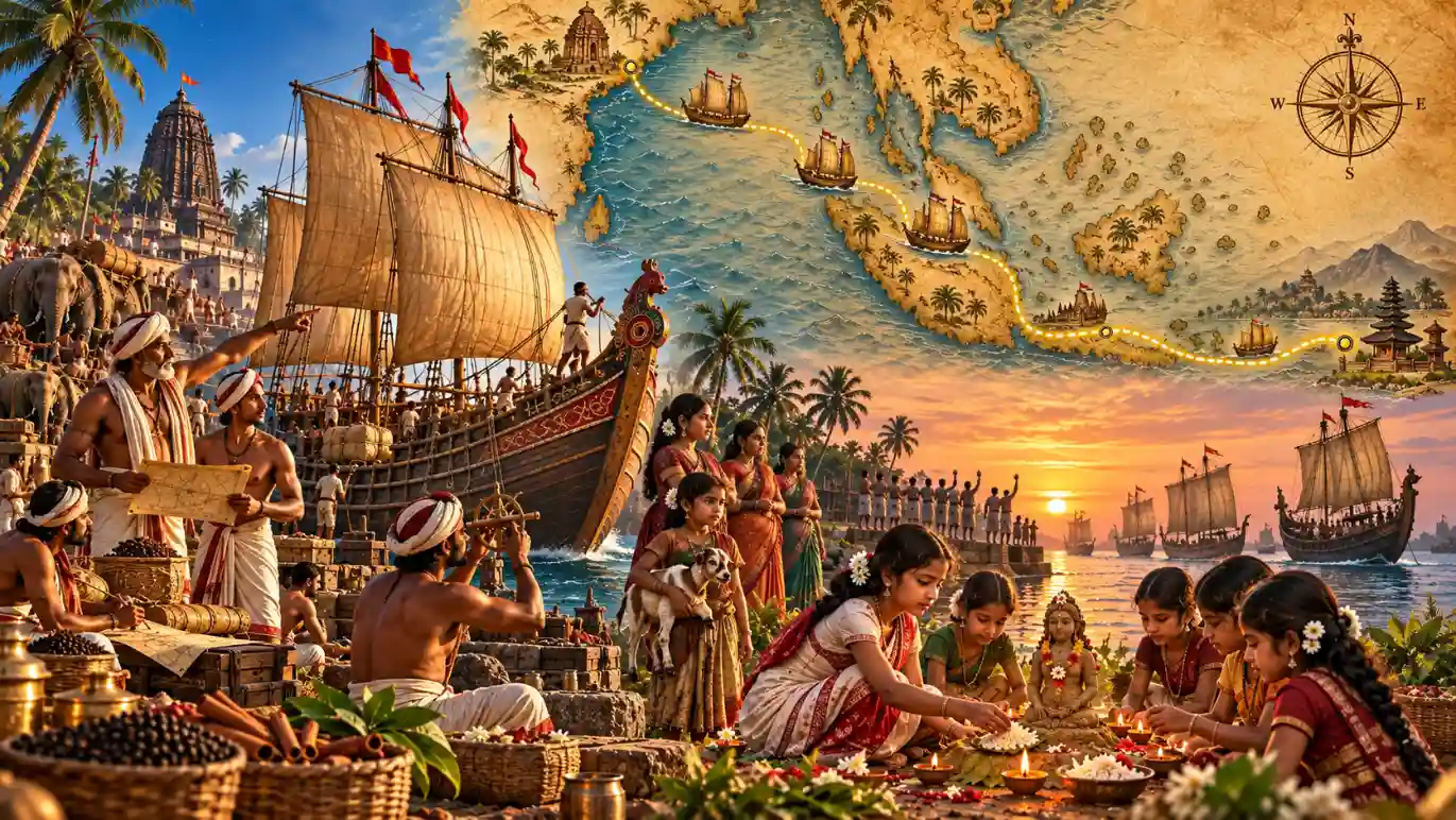 Sadhaba sailors, traditional Boita ships, an ancient maritime route map, and women performing a coastal ritual representing Odisha’s historic sea trade and Taapoi tradition.